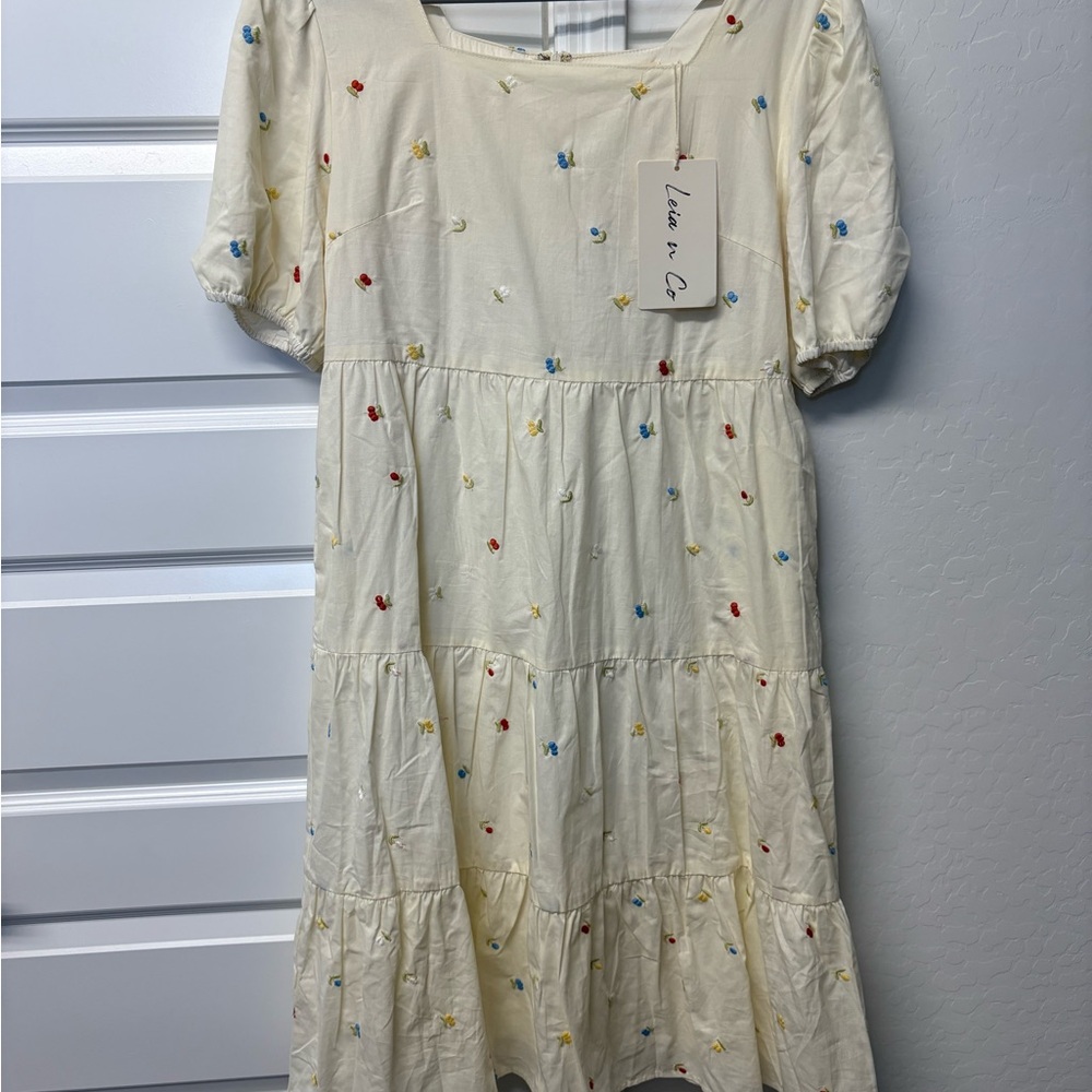 Women’s Cream, Tiered Dress with Colorful Embroidery